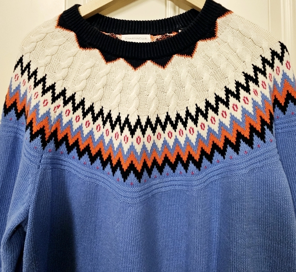 COPY - charterclub fair isle print knit crochet sweater blue size XL